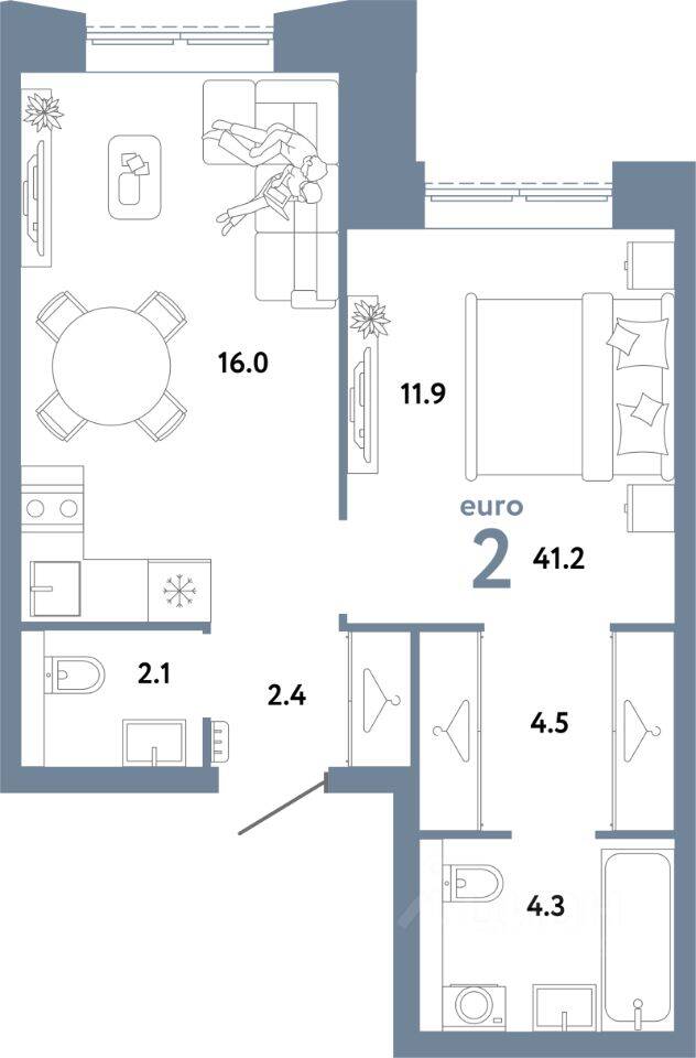 2-комн. квартира, 41,2 м², в ЖК Страна.Заречная