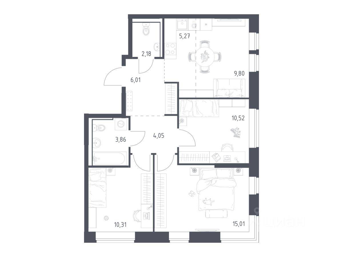 3-комн. квартира, 67,01 м², в ЖК «Пригород Лесное»