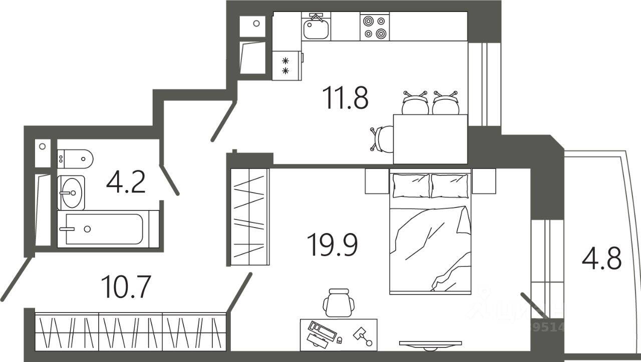 Планировка 1 комнатной квартиры, 48 м², в «Советская 18»