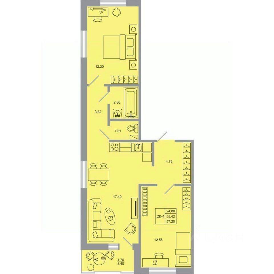 2-комн. квартира, 57,2 м², в ЖК Стороны света-2