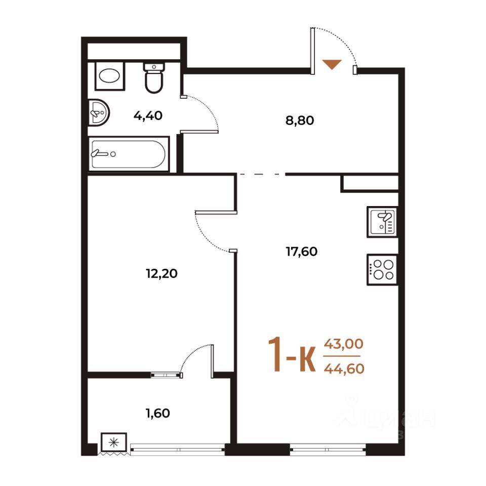 1-комн. квартира, 44,6 м², в ЖК Новое Летово