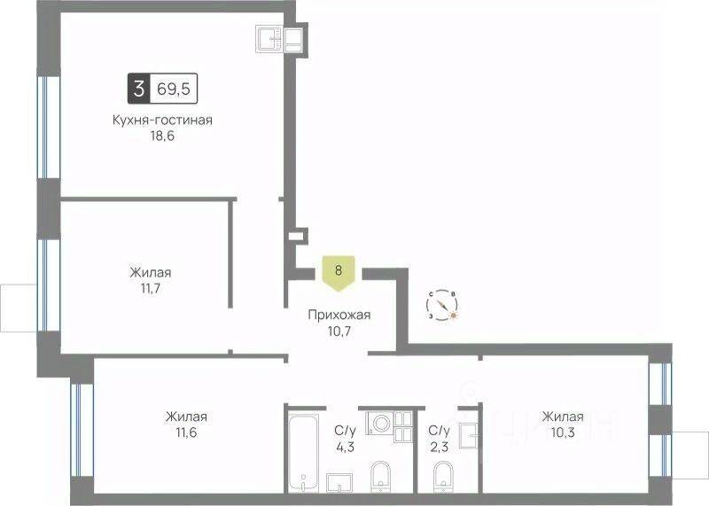 3-комн. квартира, 69,5 м², в ЖК Лесная Отрада