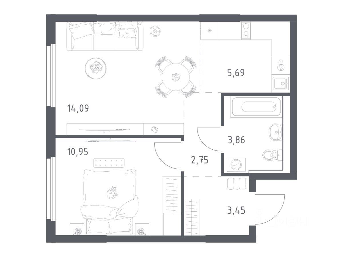 1-комн. квартира, 40,79 м², в ЖК «Пригород Лесное»