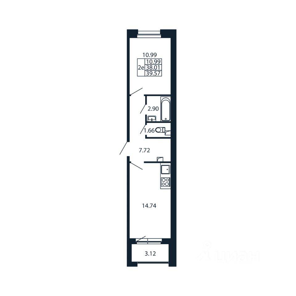 2-комн. квартира, 39,16 м², в ЖК Полис Новоселье