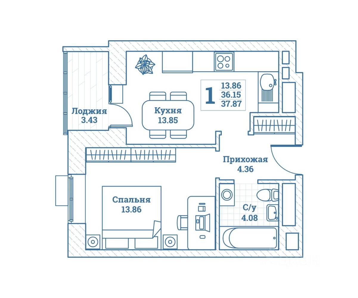 1-комн. квартира, 37,87 м², в ЖК Новоград Монино