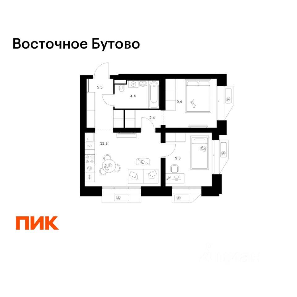 2-комн. квартира, 46,3 м², в ЖК «Восточное Бутово»