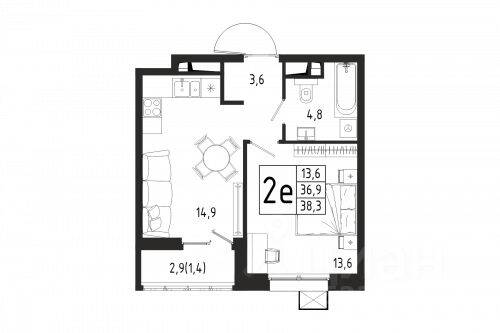 1-комн. квартира, 38,3 м², в ЖК «Берег»