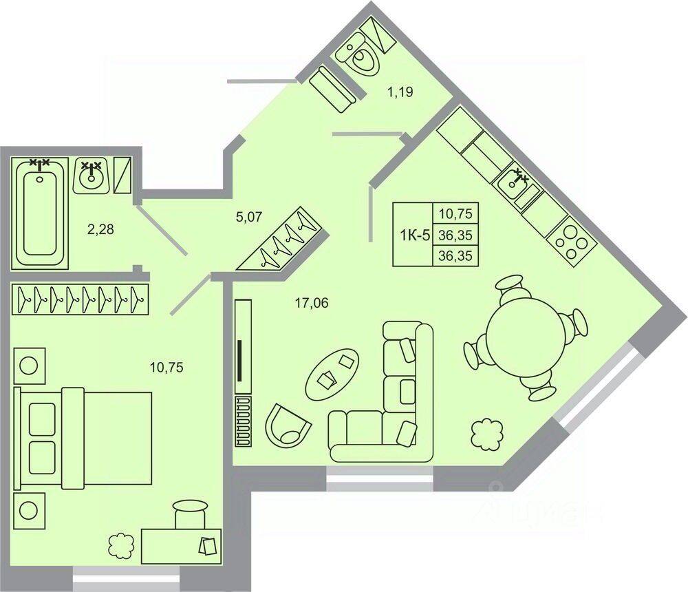 1-комн. квартира, 35,4 м², в ЖК Стороны света-2