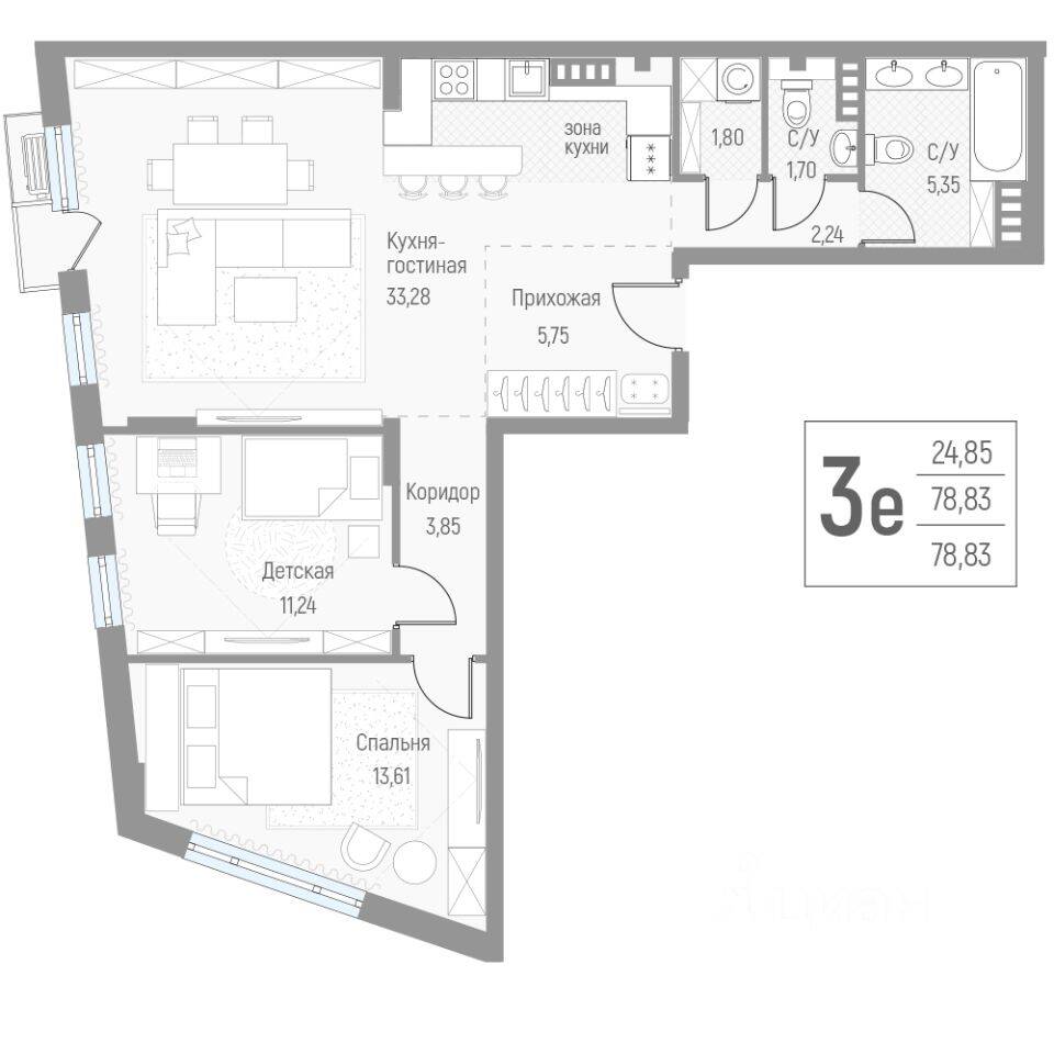 Планировка 2 комнатной квартиры, 78.6 м², в «Эльйон»
