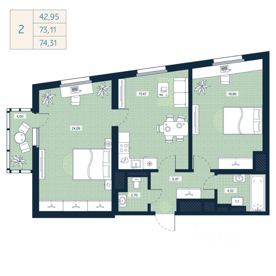 3-комн. квартира, 73,11 м², в ЖК Belevsky Club