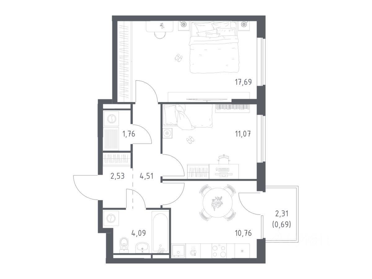 2-комн. квартира, 53,1 м², в ЖК Мытищи Парк