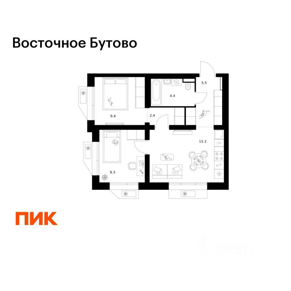 2-комн. квартира, 46,3 м², в ЖК «Восточное Бутово»