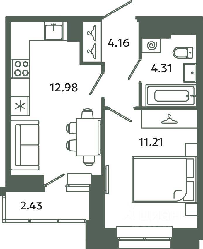 1-комн. квартира, 32,66 м², в ЖК Загляденье