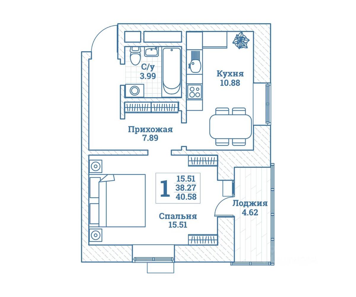 1-комн. квартира, 40,58 м², в ЖК Новоград Монино
