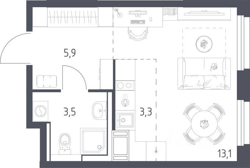 Планировка 1 комнатной квартиры, 25.5 м², в «Мытищи Парк»