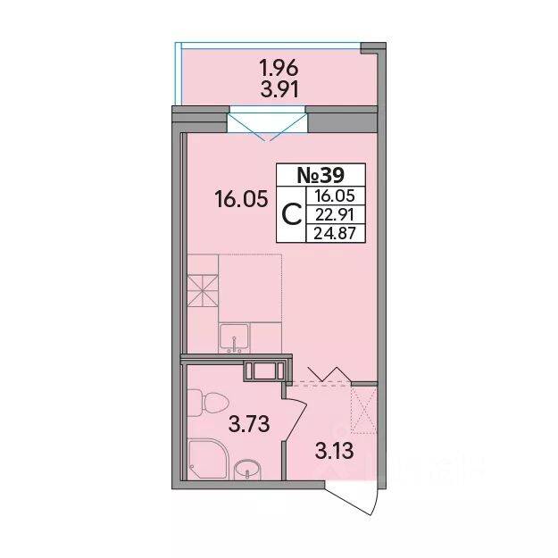 Планировка 1 комнатной квартиры, 24.87 м², в «Рождественский квартал»