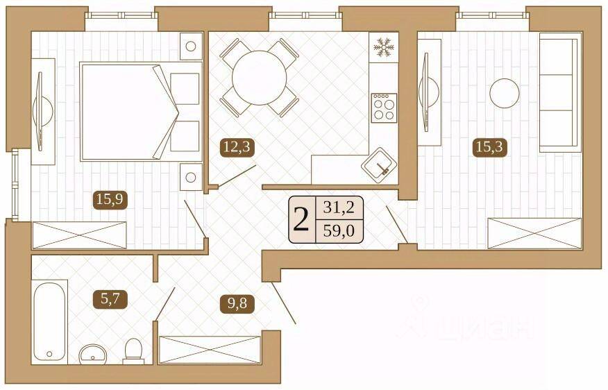 Планировка 2 комнатной квартиры, 57.7 м², в «Белый город (Сергиев Посад)»