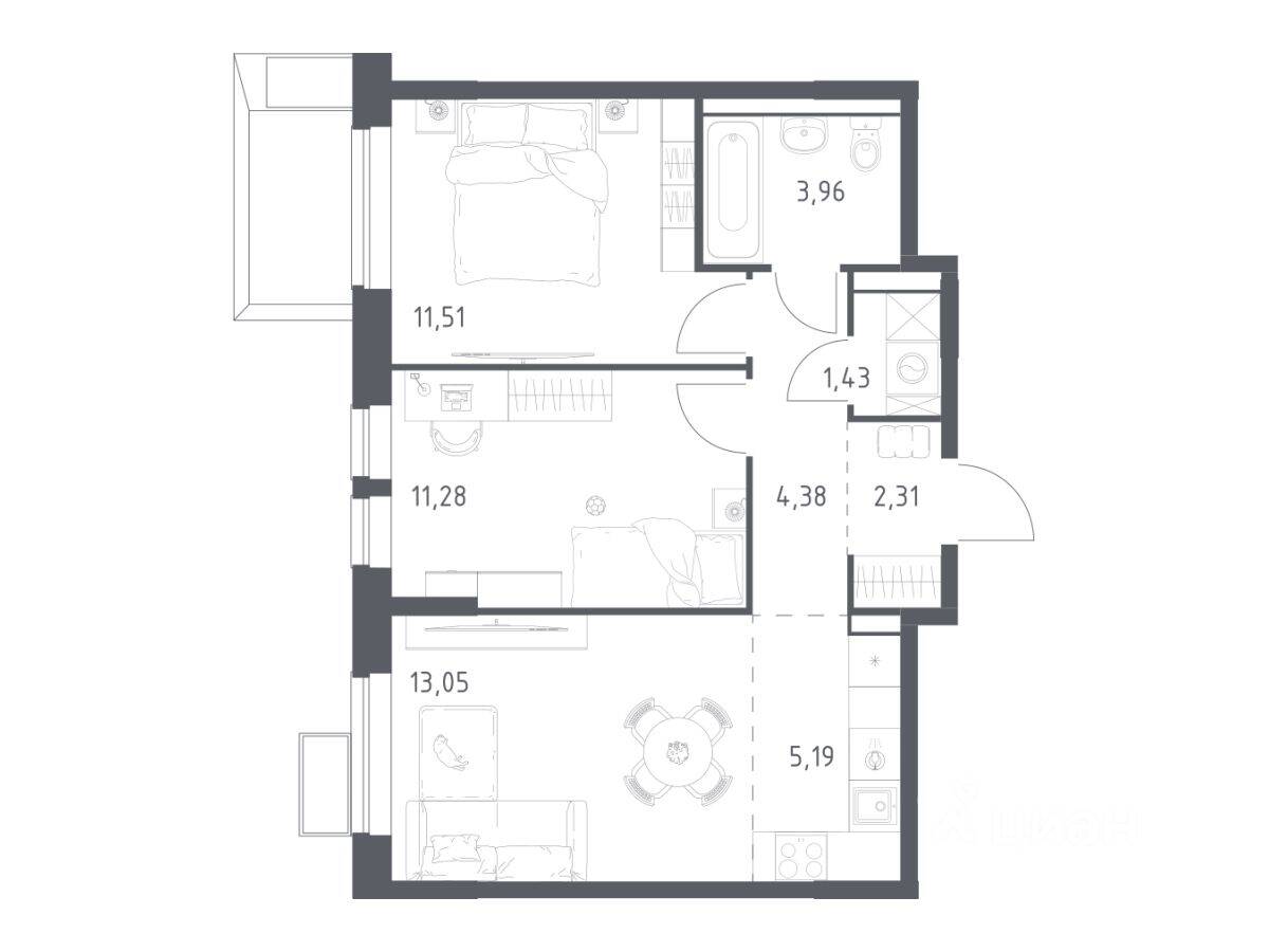 2-комн. квартира, 53,11 м², в ЖК Егорово Парк