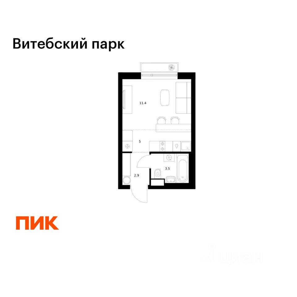 Квартира-студия, 22,8 м², в ЖК Витебский парк