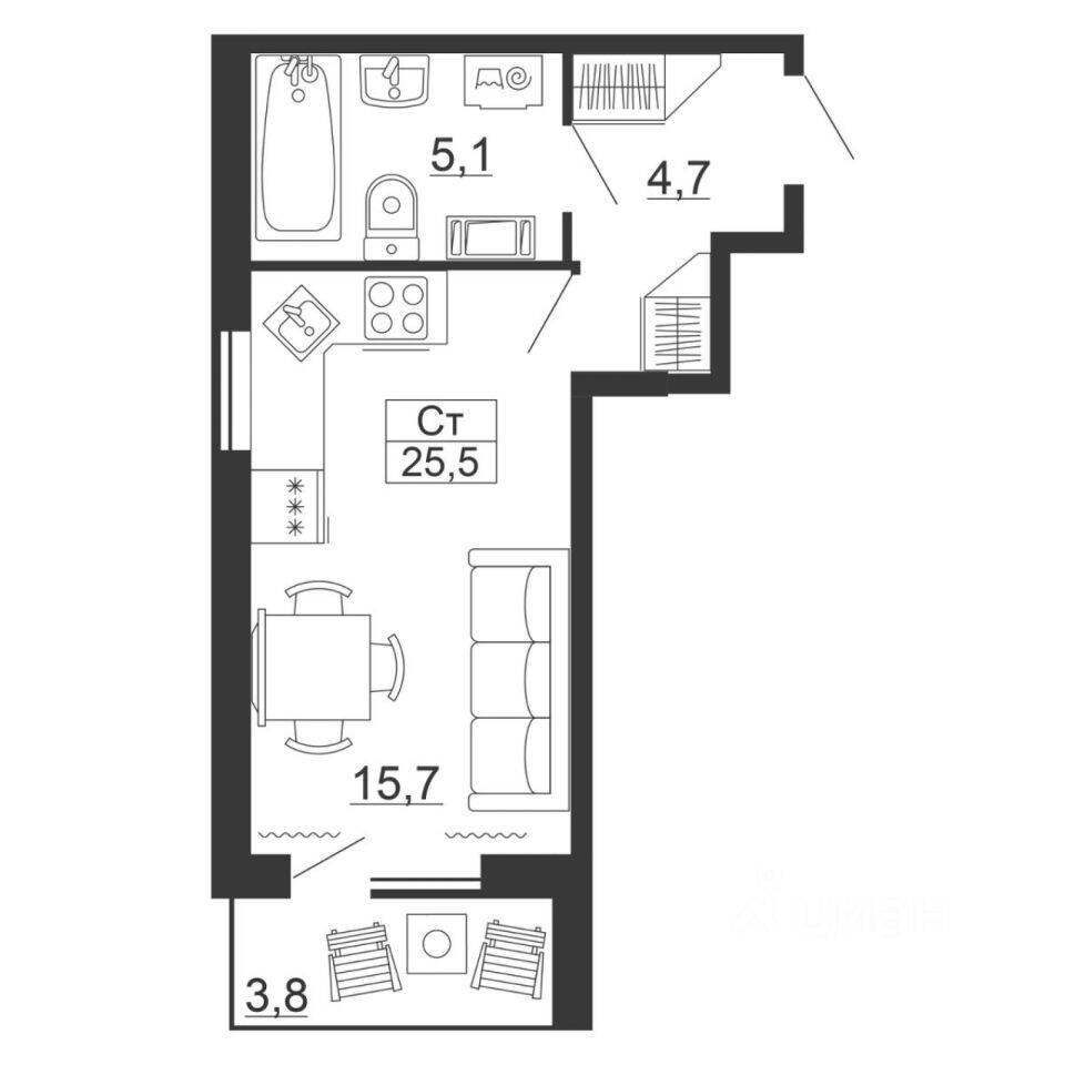 Квартира-студия, 25,5 м², в ЖК Рубеж