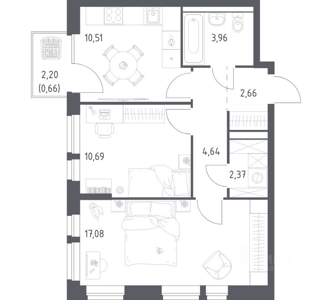 2-комн. квартира, 52,57 м², в ЖК Квартал Авиаторов