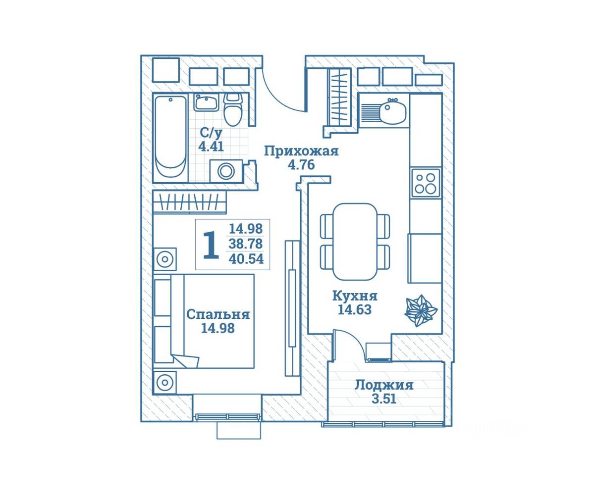1-комн. квартира, 40,54 м², в ЖК Новоград Монино