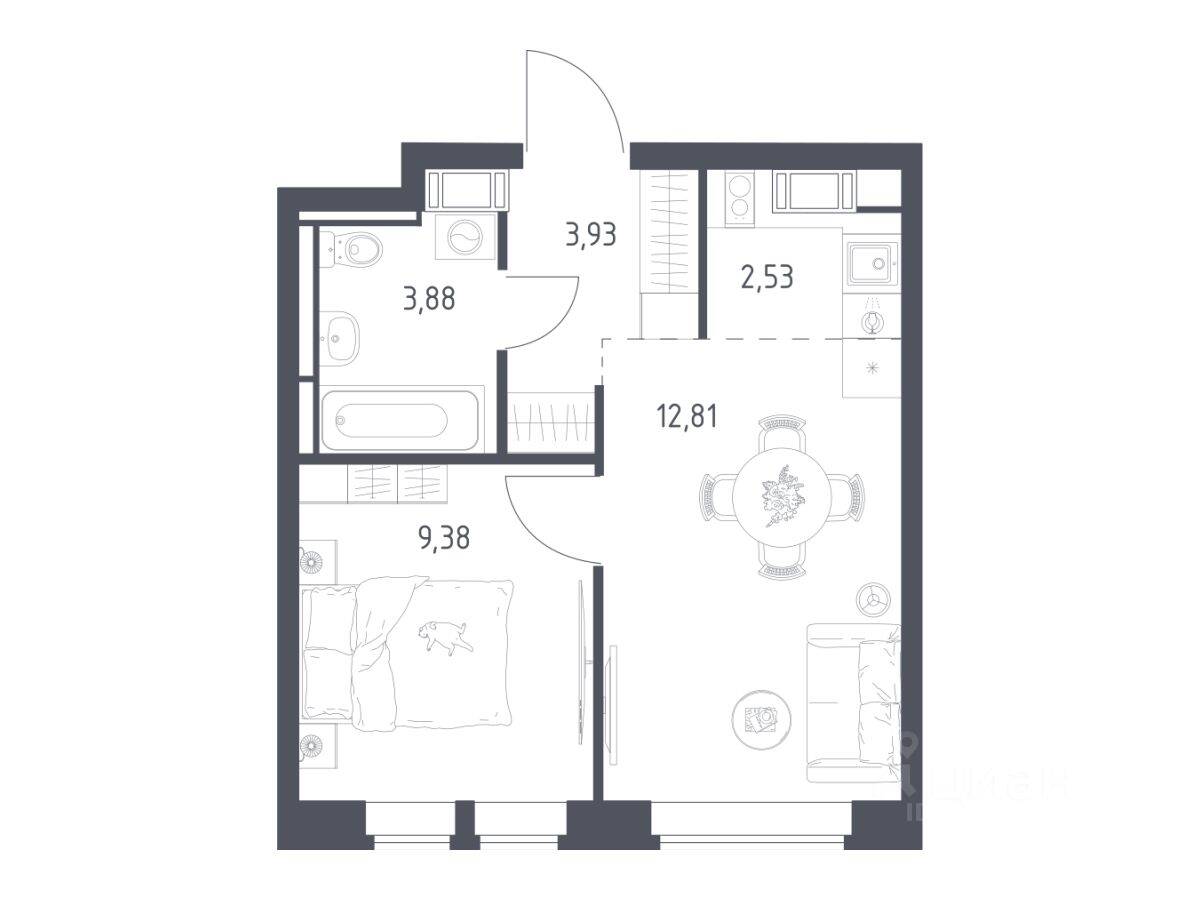 Планировка 1 комнатной квартиры, 32.53 м², в «Большое Путилково»