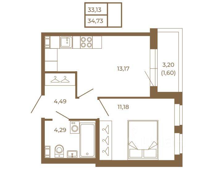 Планировка 1 комнатной квартиры, 34.73 м², в «Новая история»