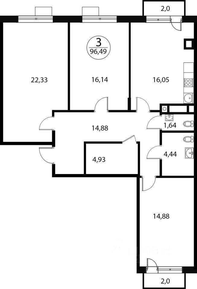 3-комн. квартира, 96,49 м², в ЖК «Катуар»