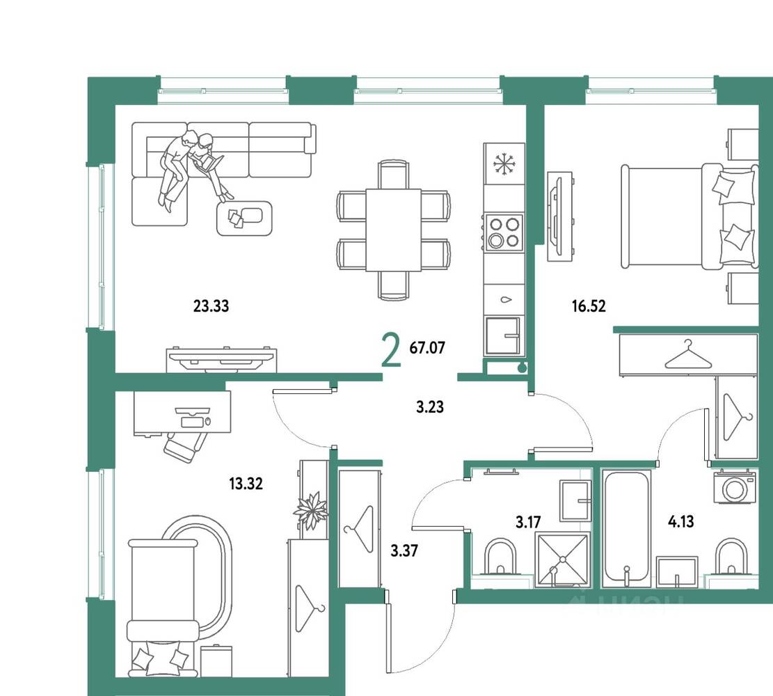 2-комн. квартира, 67,07 м², в ЖК Страна.Парковая