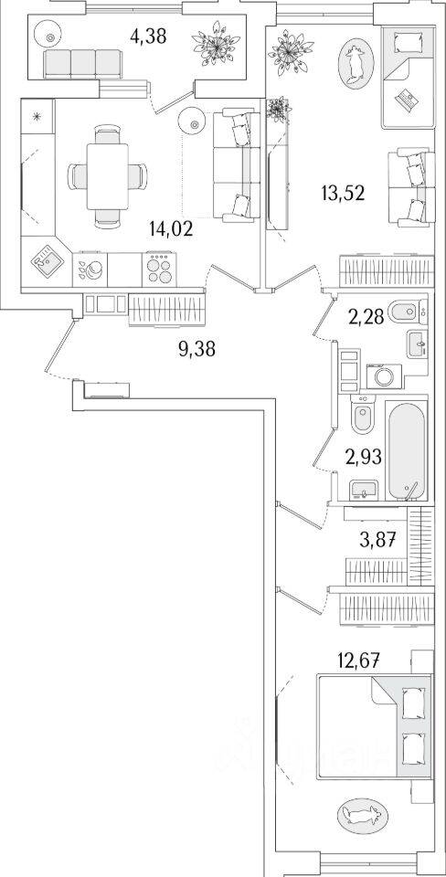 2-комн. квартира, 60,86 м², в ЖК «Гранат»