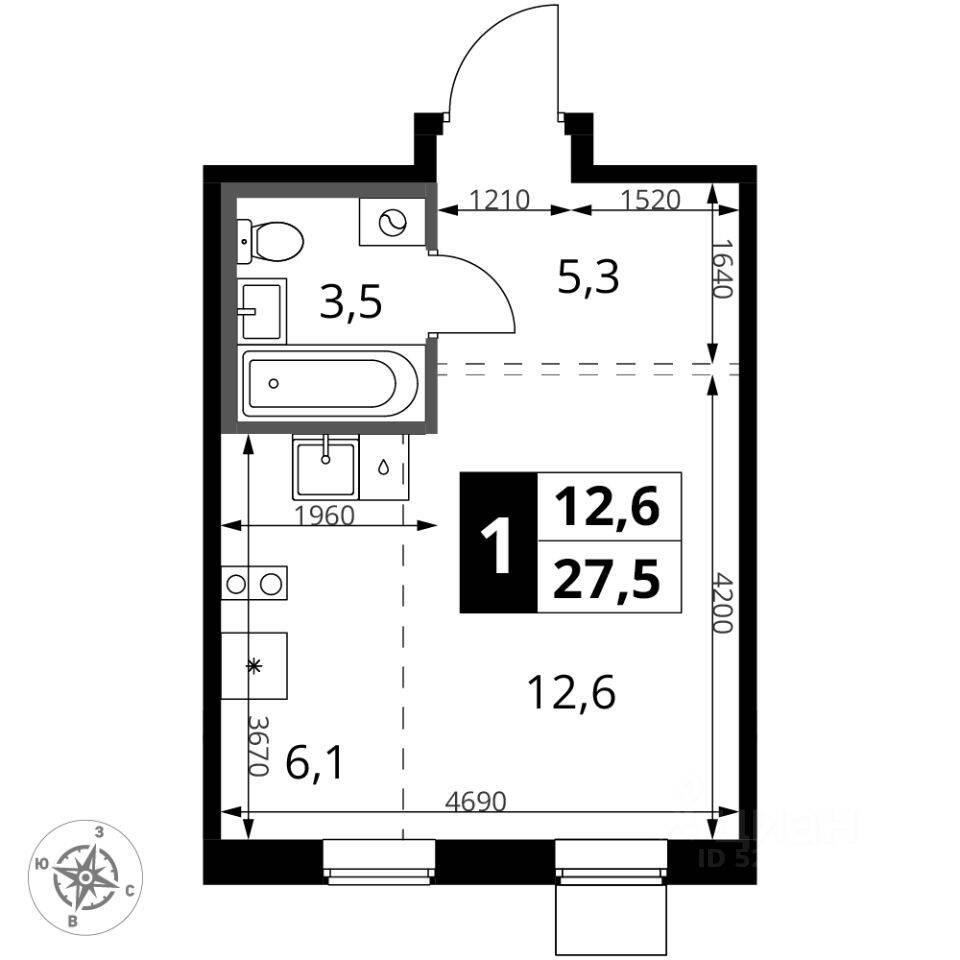 Квартира-студия, 27,5 м², в ЖК 1-й Ясеневский
