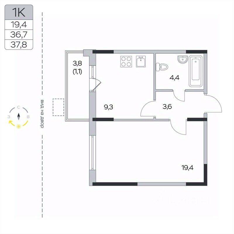 1-комн. квартира, 37,8 м², в ЖК «Пироговская Ривьера»