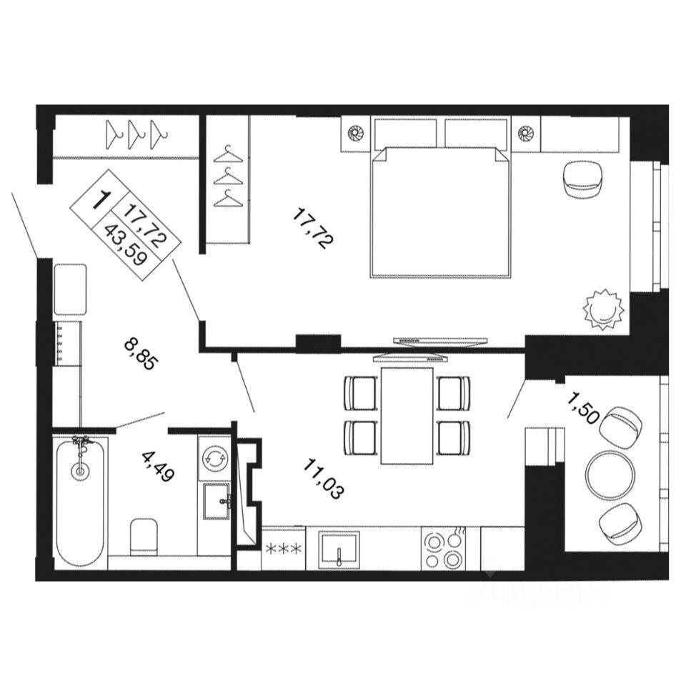 1-комн. квартира, 43,6 м², в ЖК «Времена года»