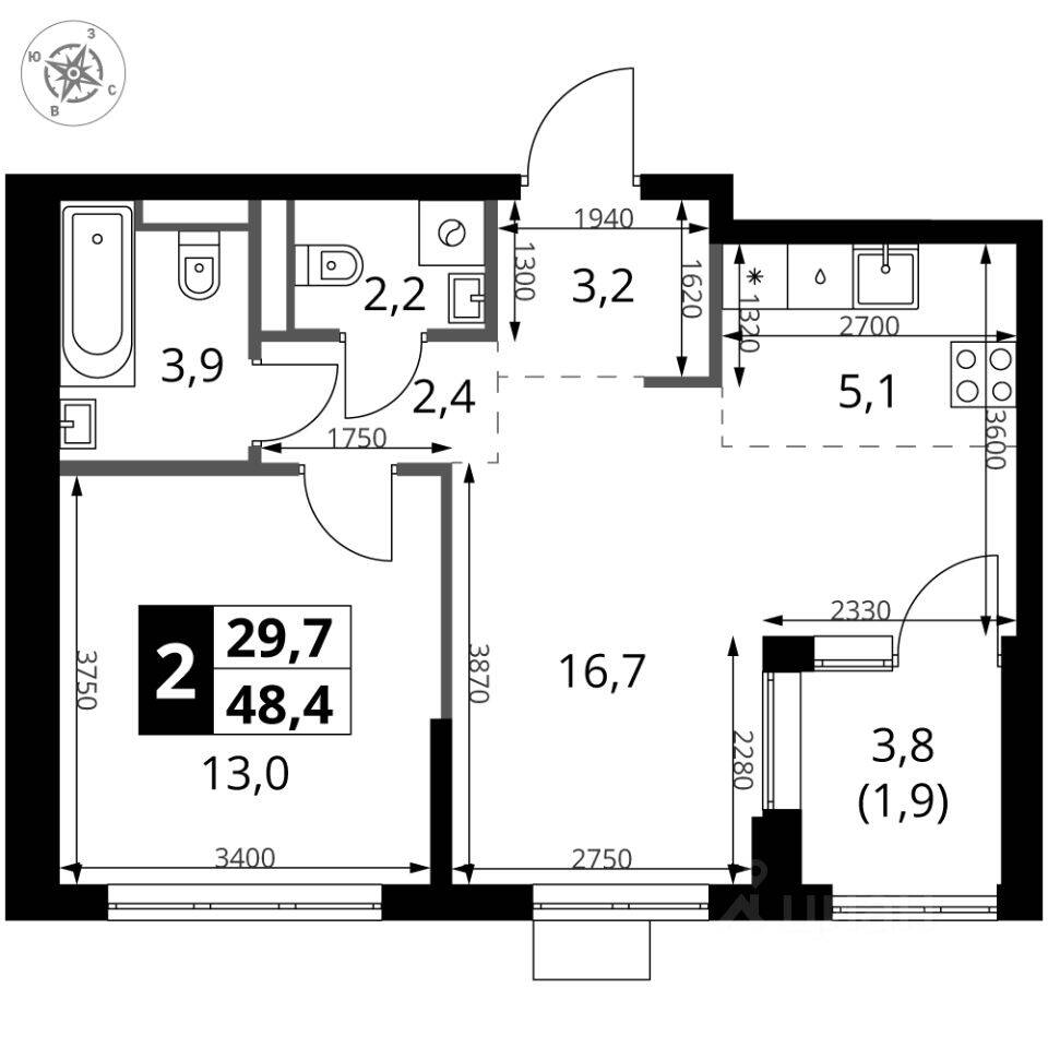 2-комн. квартира, 48,4 м², в ЖК 1-й Ясеневский