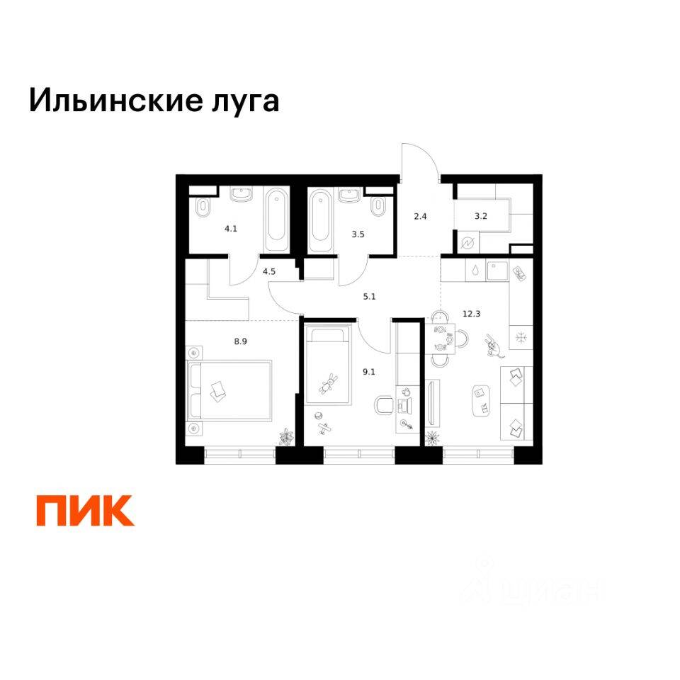 2-комн. квартира, 53,1 м², в ЖК «Ильинские луга»