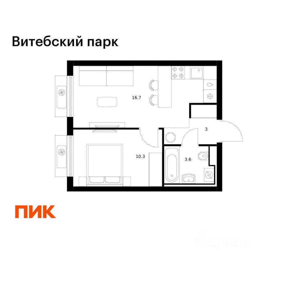 1-комн. квартира, 33,6 м², в ЖК Витебский парк