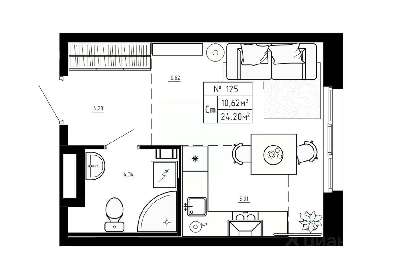 Планировка 1 комнатной квартиры, 24.2 м², в «Аннино Сити»