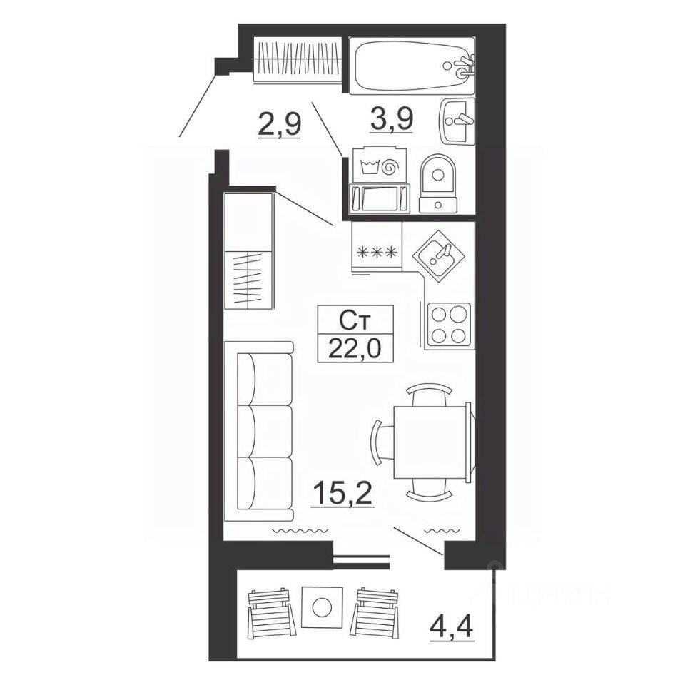 Планировка 1 комнатной квартиры, 22 м², в «Рубеж»