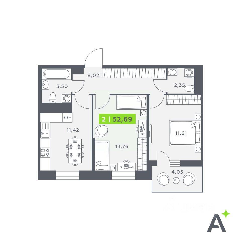 2-комн. квартира, 52,69 м², в ЖК Аквилон Stories