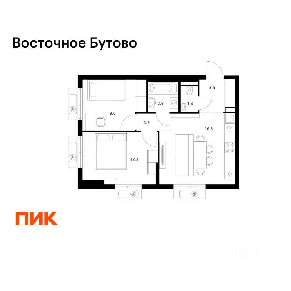 2-комн. квартира, 48,1 м², в ЖК «Восточное Бутово»