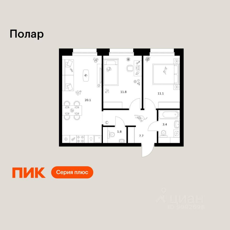 Планировка 2 комнатной квартиры, 55.9 м², в «Полар»