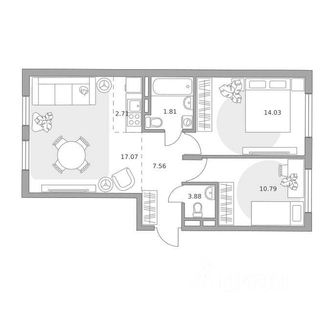 3-комн. квартира, 57,85 м², в ЖК Аникеевский