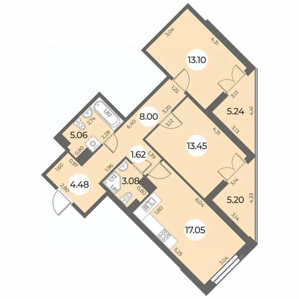 2-комн. квартира, 71,06 м², в ЖК «Огни Залива»