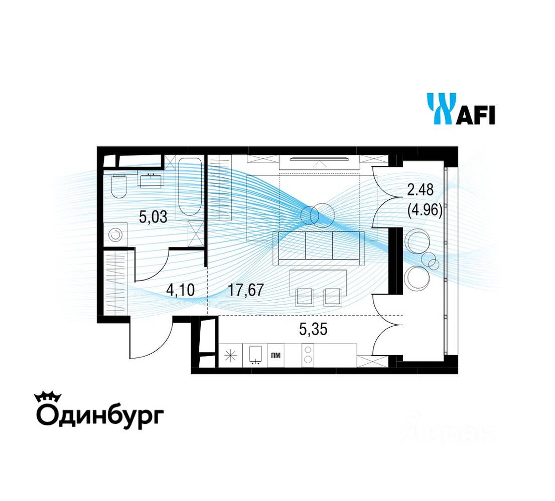 Квартира-студия, 34,55 м², в ЖК «Одинбург»