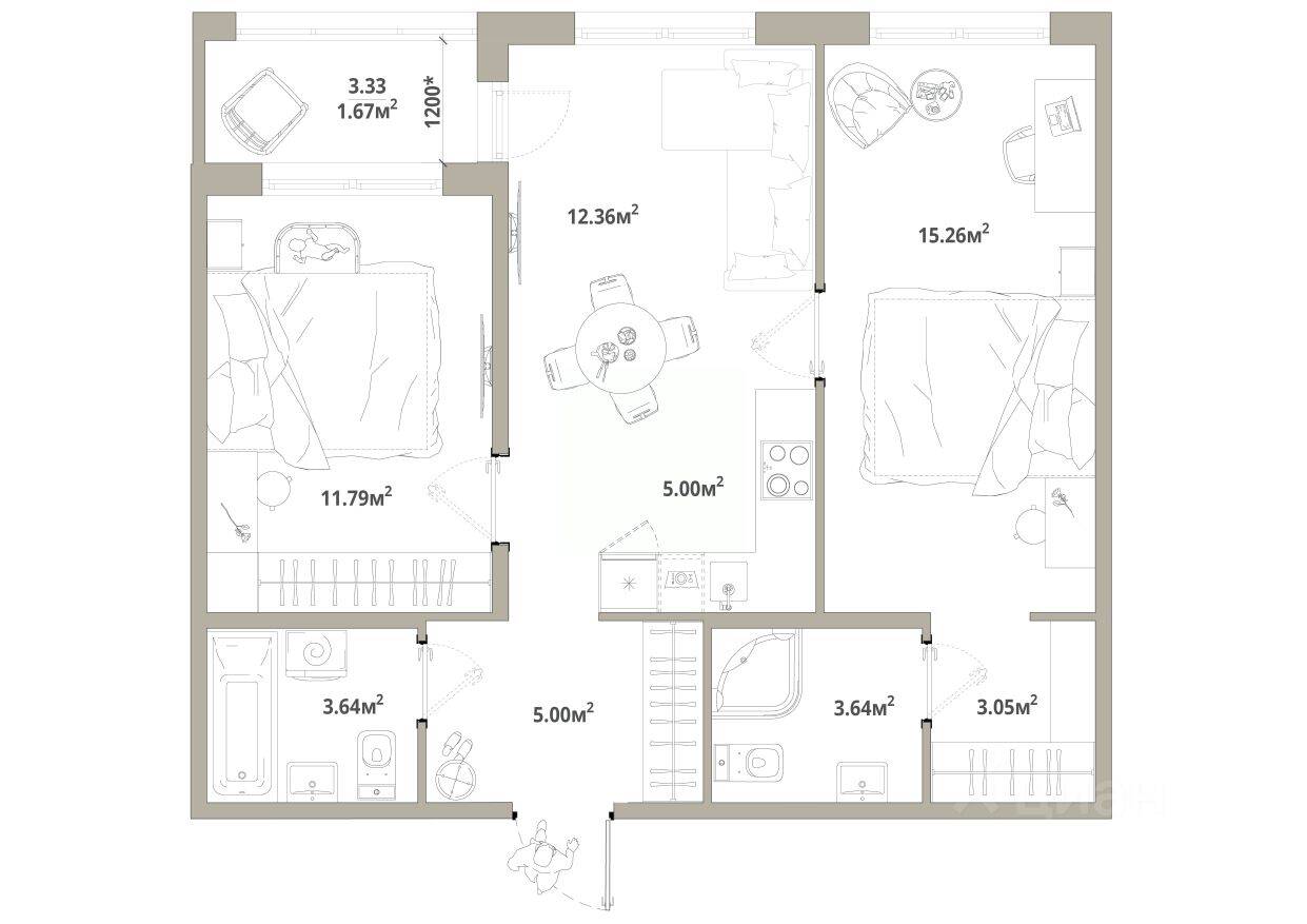 2-комн. квартира, 61,41 м², в ЖК «Тишин»