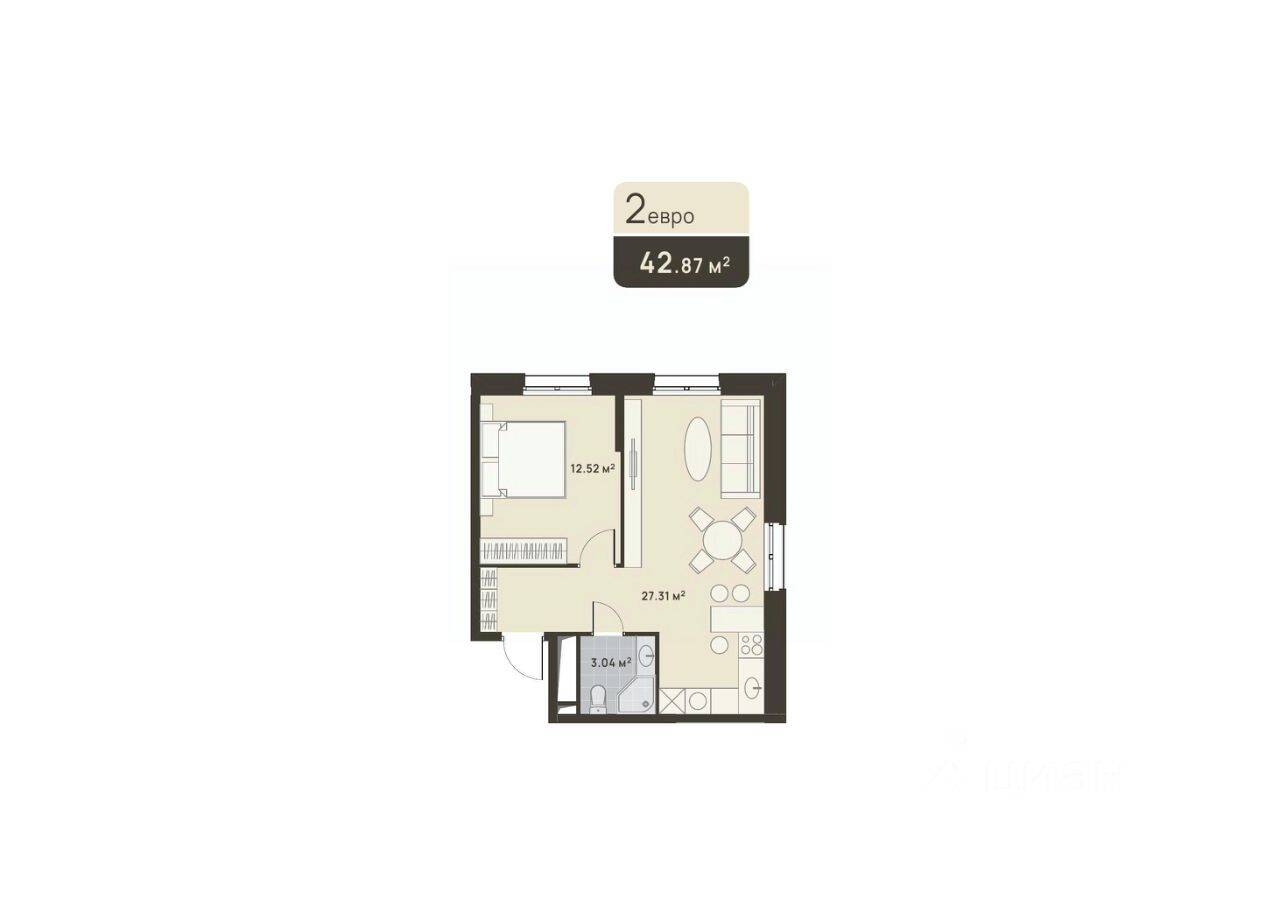 1-комн. квартира, 42,87 м², в ЖК «Дюна»