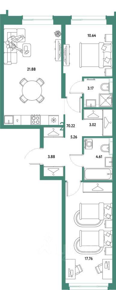 2-комн. квартира, 70,22 м², в ЖК Страна.Парковая