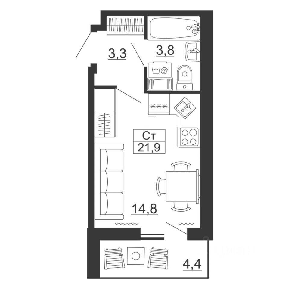 Квартира-студия, 21,9 м², в ЖК Рубеж