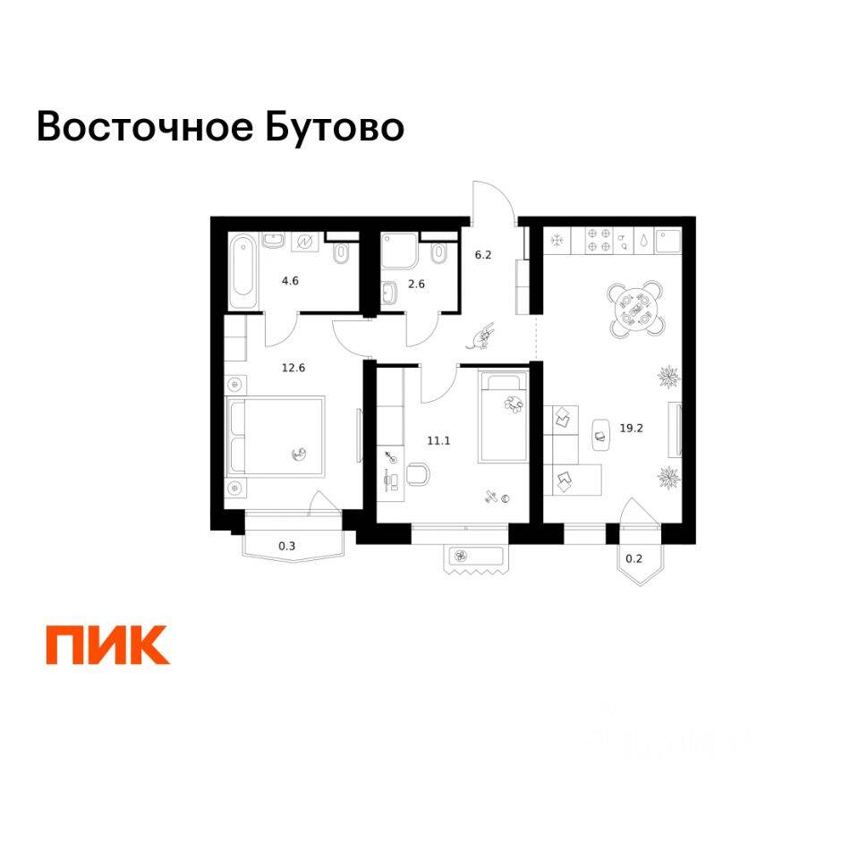 2-комн. квартира, 56,8 м², в ЖК «Восточное Бутово»